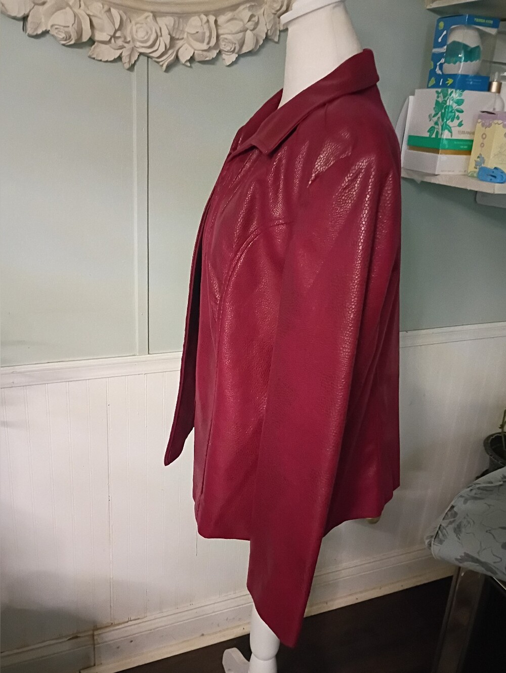 Kim Rogers Deep Berry Faux Leather Open-Front Jacket - Picture 6 of 11